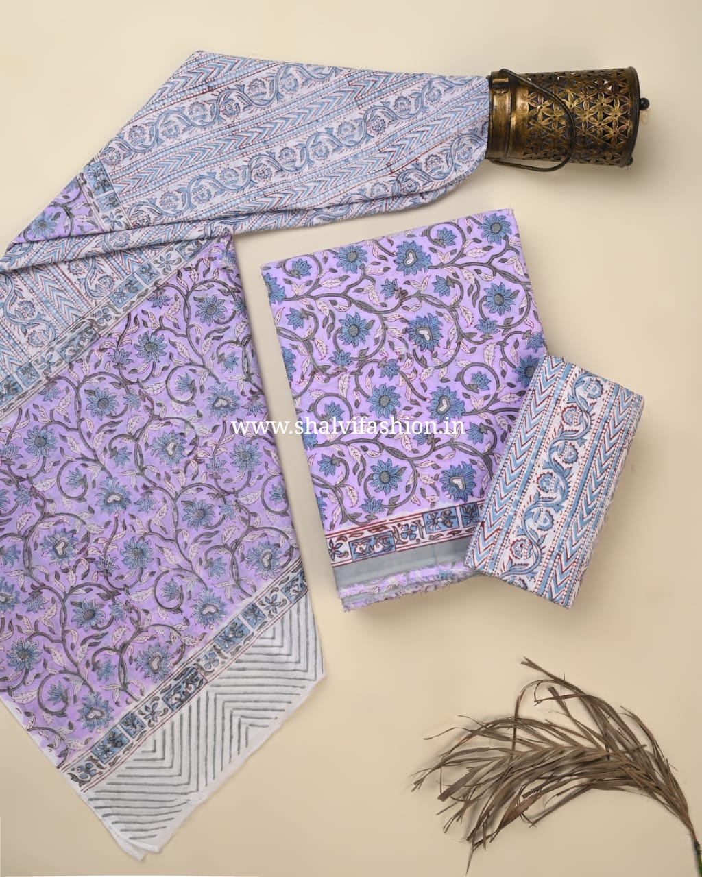 Shop hand block printed cotton suits with mulmul dupatta online (PRMUL609)