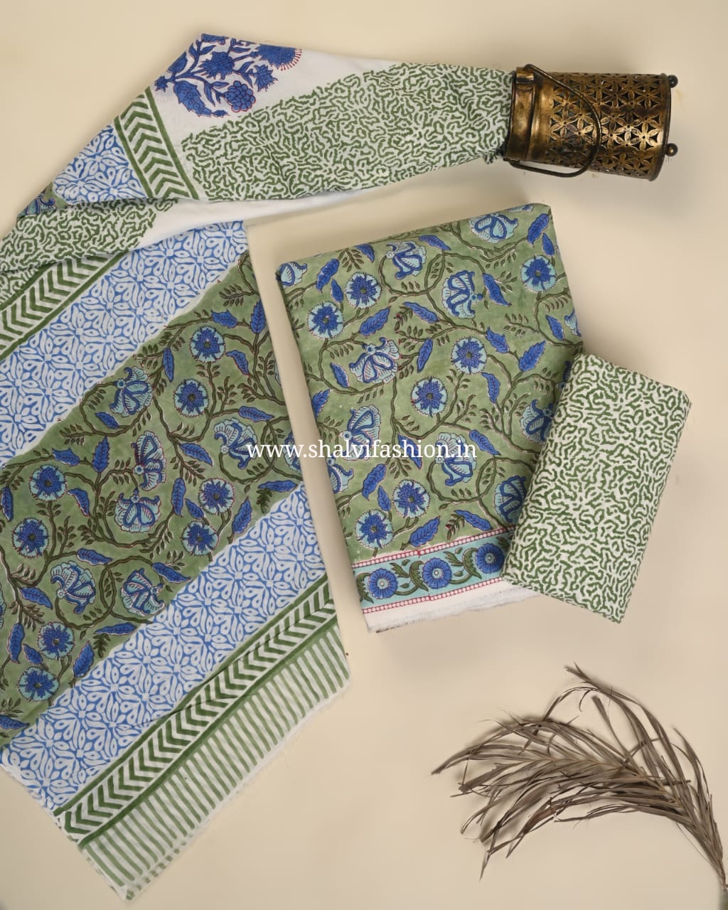 Shop unstitched block print cotton suits with mulmul dupatta (PRMUL612)
