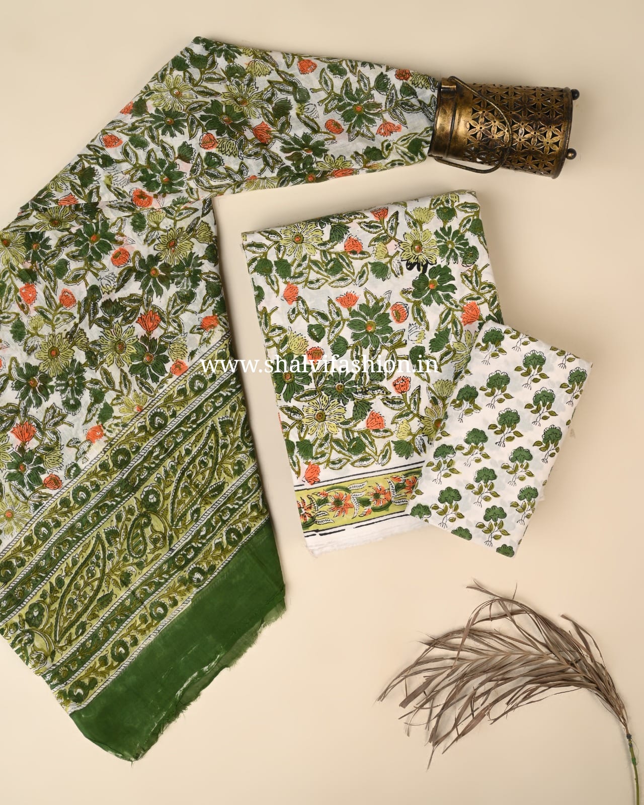 Shop unstitched block printed cotton suits with mulmul dupatta (PRMUL654)