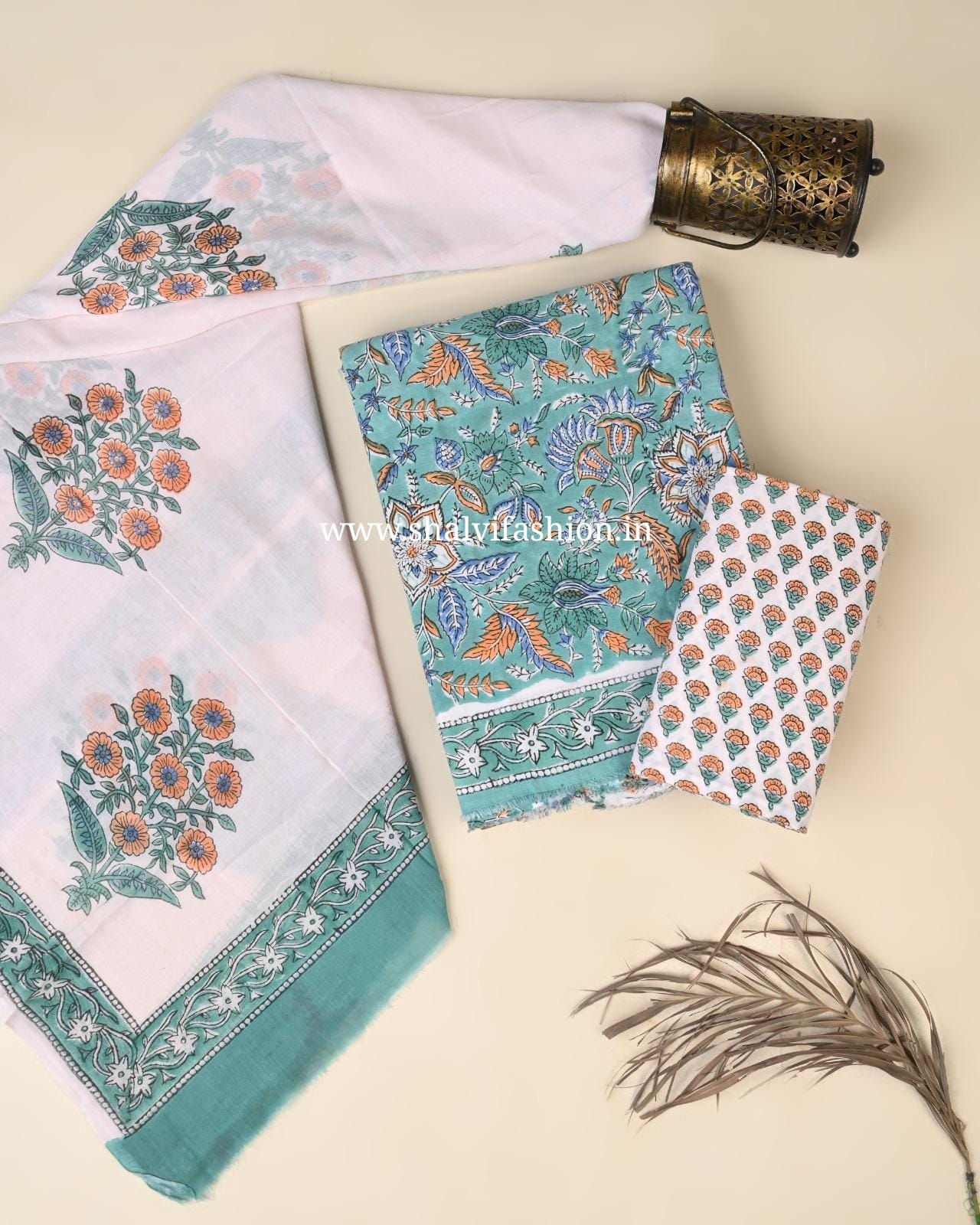Shop block print cotton suits with mulmul dupatta (PRMUL678)