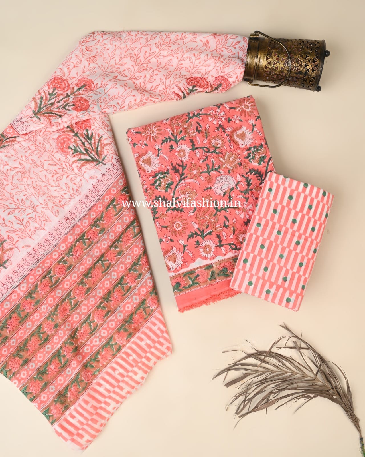 Shop hand block print cotton suits with mulmul dupatta (PRMUL680)
