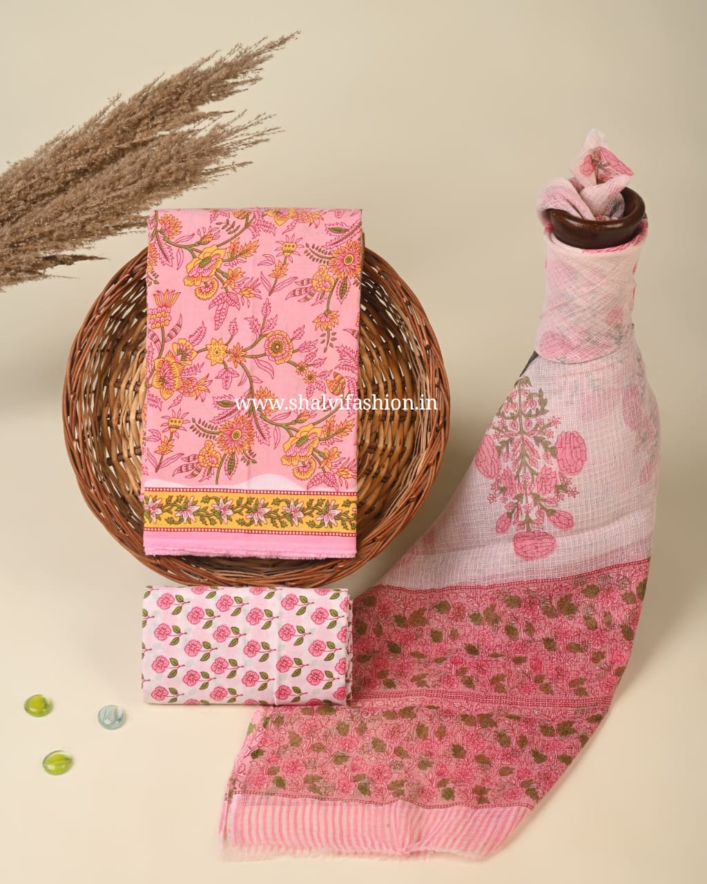 Shop hand screen print cotton suits with kota dupatta