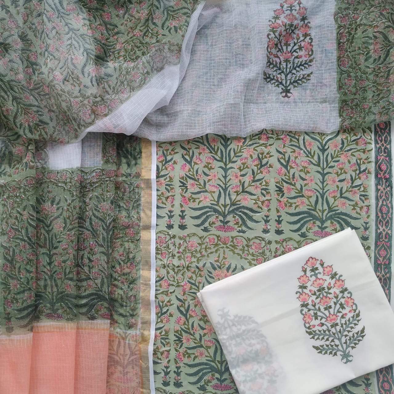 Shop Unstitched Hand Block Print Pure Cotton Suits with Kota Doria Dupatta (3CKD180)