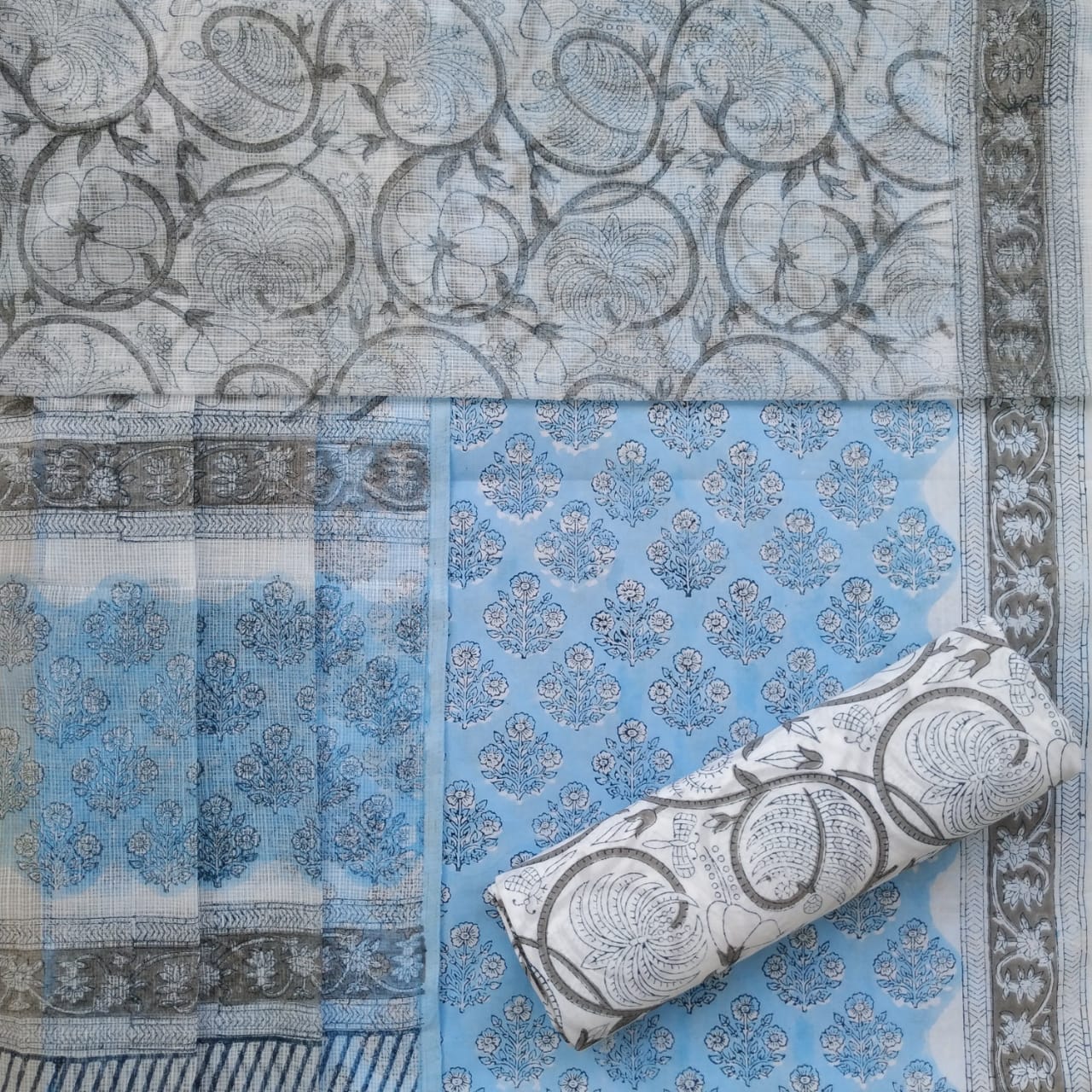 Shop Unstitched Hand Block Print Pure Cotton Suit Material with Kota Doria Dupatta (3CKD380