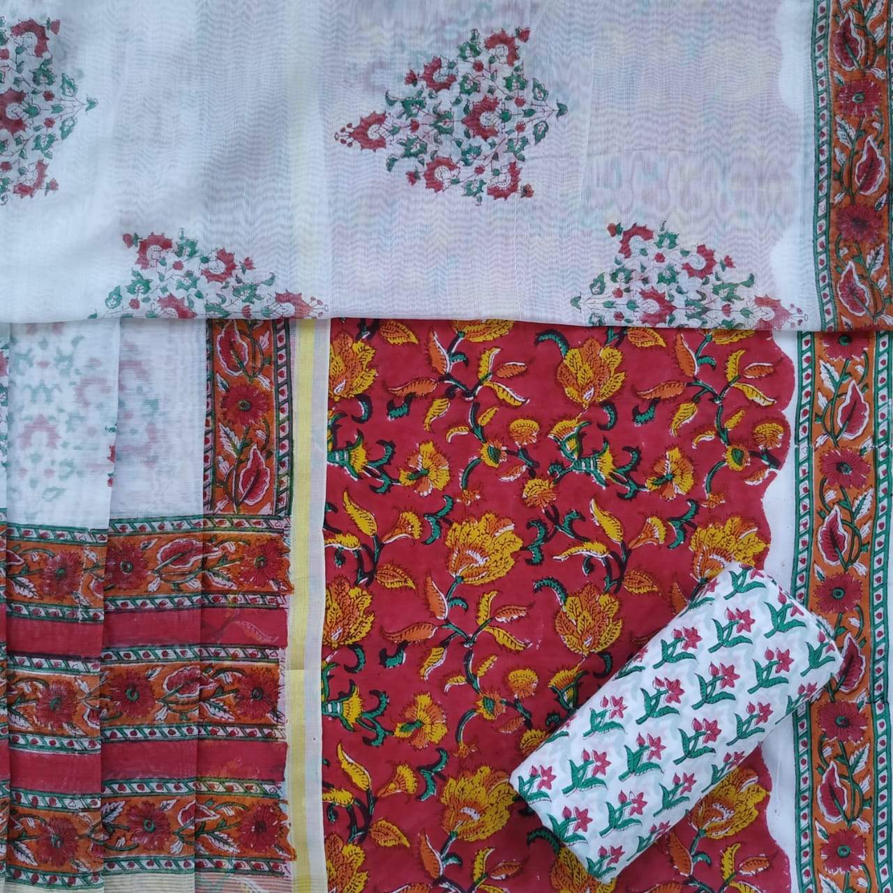 Elegant Hand Block Floral Jaal Print Chanderi Silk Suit set (CHA392)