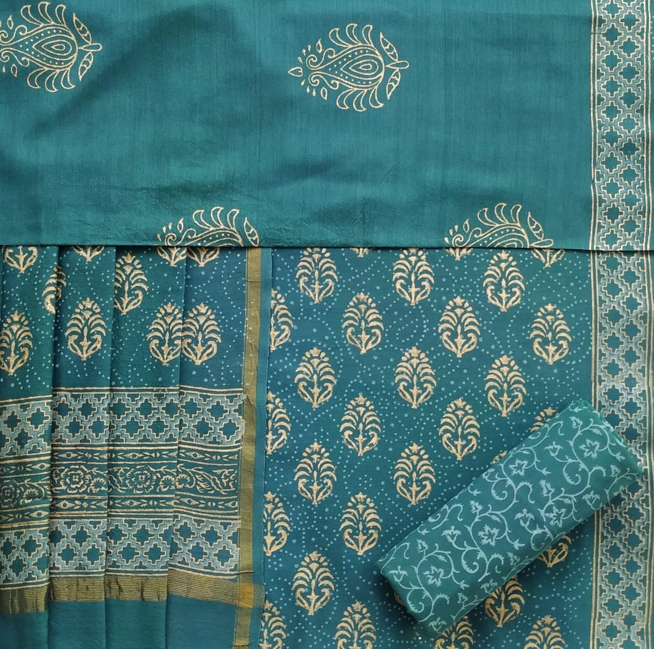 Shop Unstitched Block Print Chanderi Silk Suit sets (CHA428)