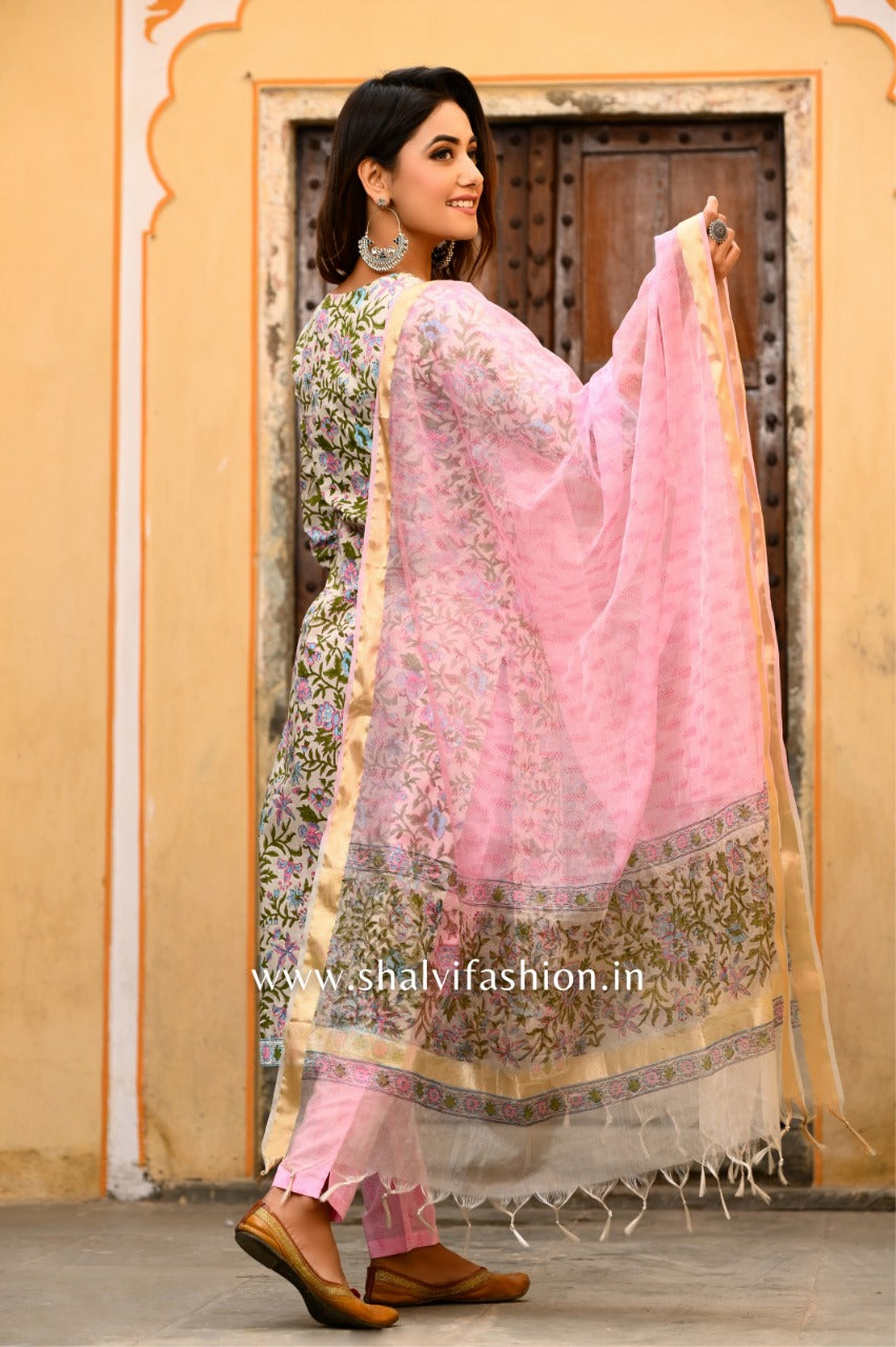 shop stitched hand block print cotton suit sets with organza dupatta online (CSS10)