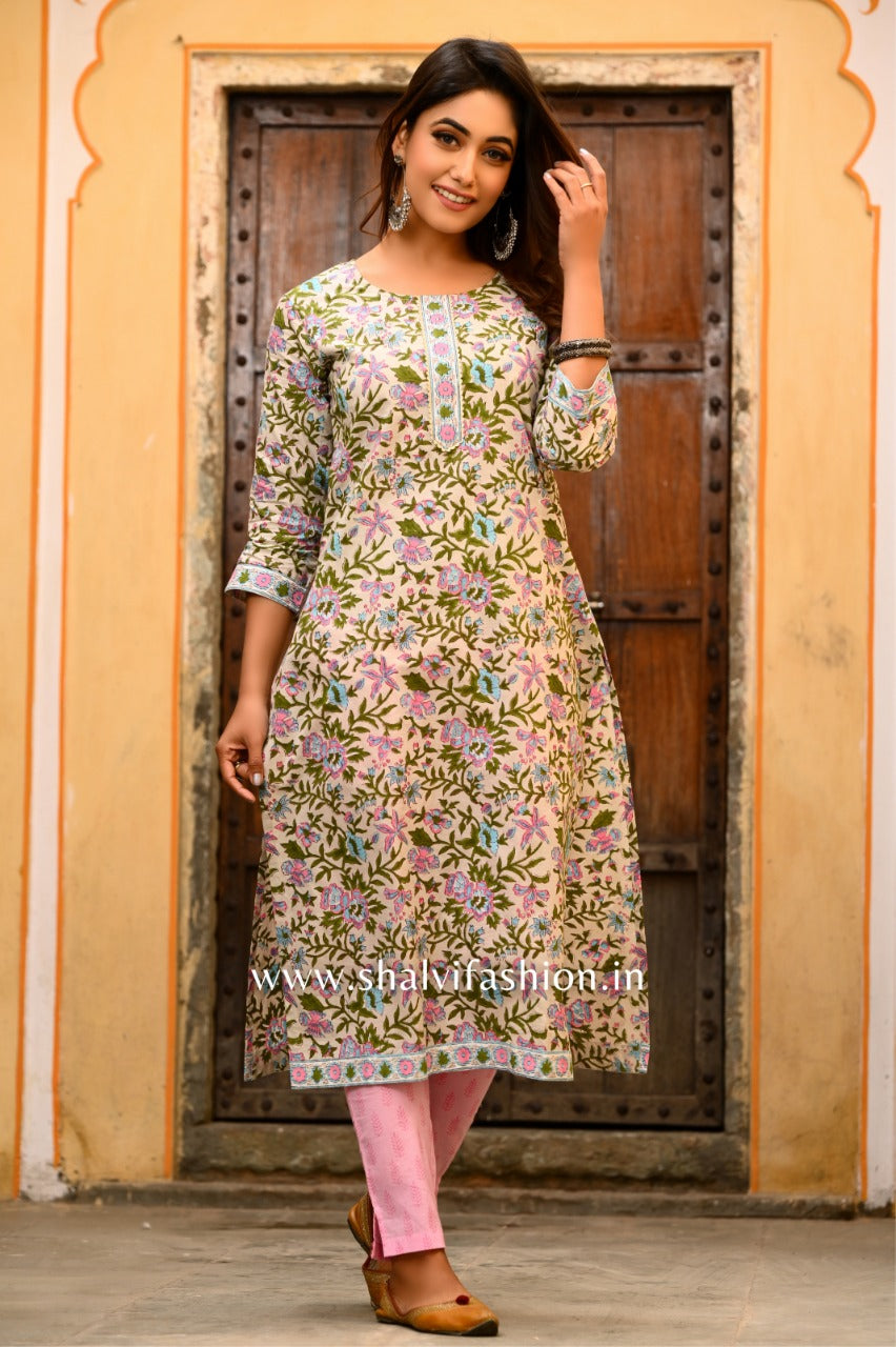 shop stitched hand block print cotton suit sets with organza dupatta online (CSS10)