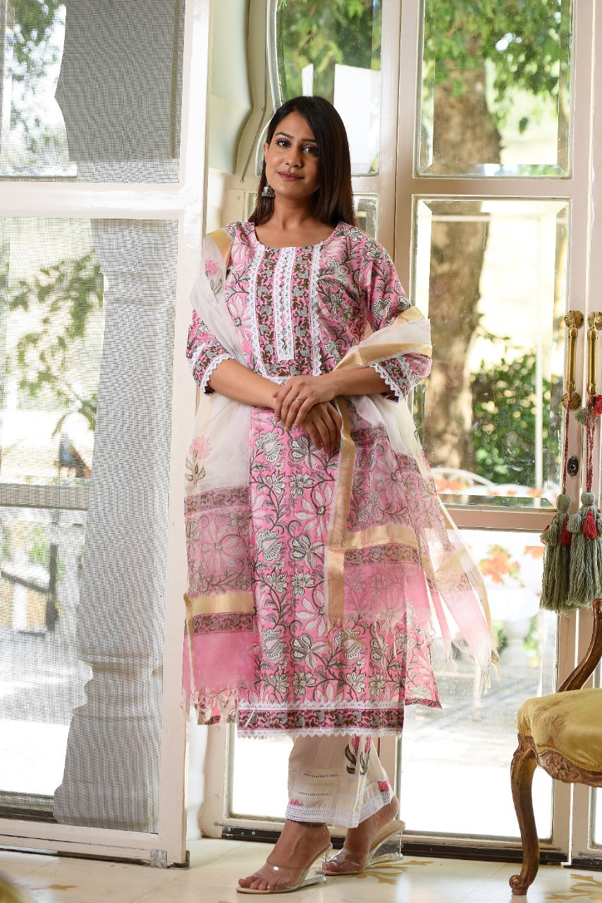 shop stitched block print cotton suit set with organza dupatta (CSS18ORG)