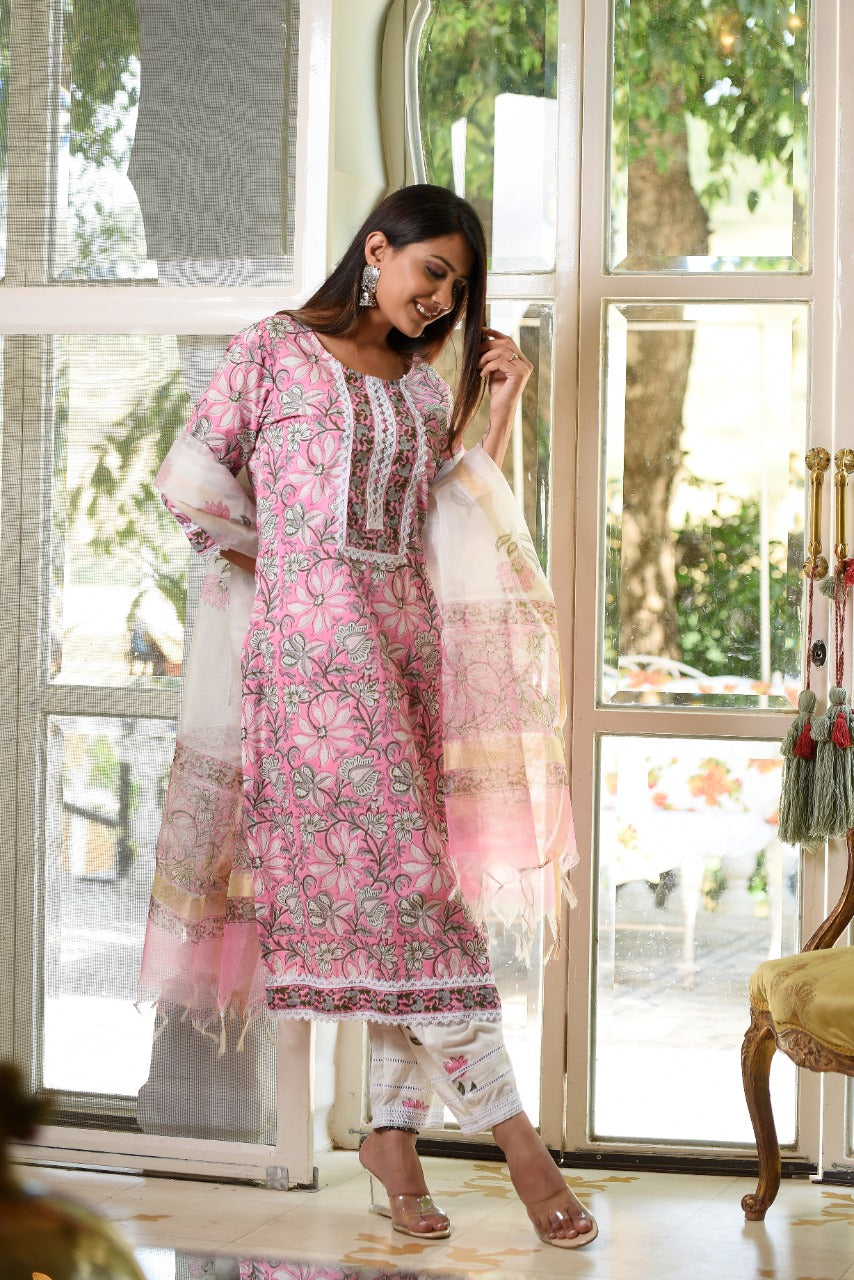 shop stitched block print cotton suit set with organza dupatta (CSS18ORG)