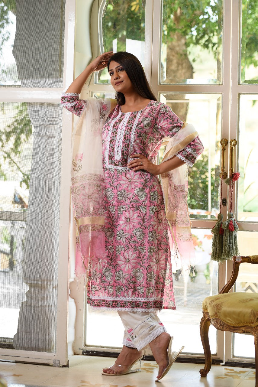 shop stitched block print cotton suit set with organza dupatta (CSS18ORG)