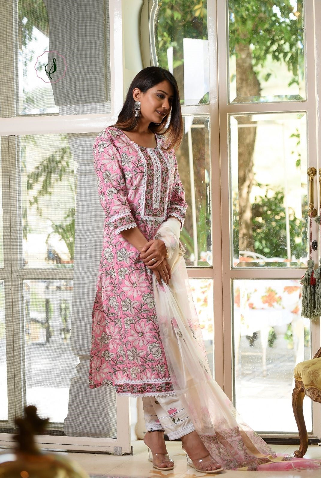 shop stitched block print cotton suit set with organza dupatta (CSS18ORG)