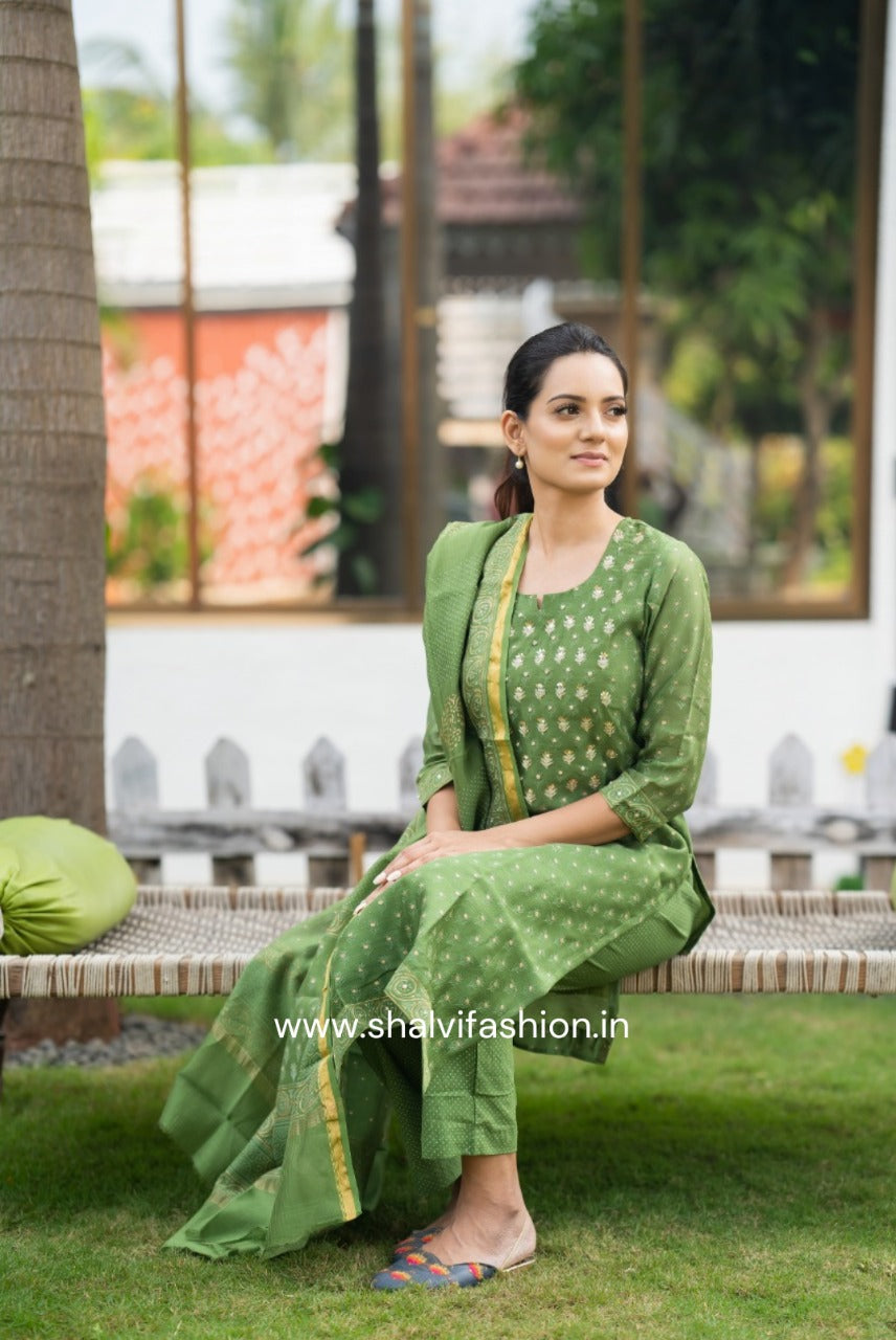 Shop hand work block printed chanderi silk suit sets online (CSS60)