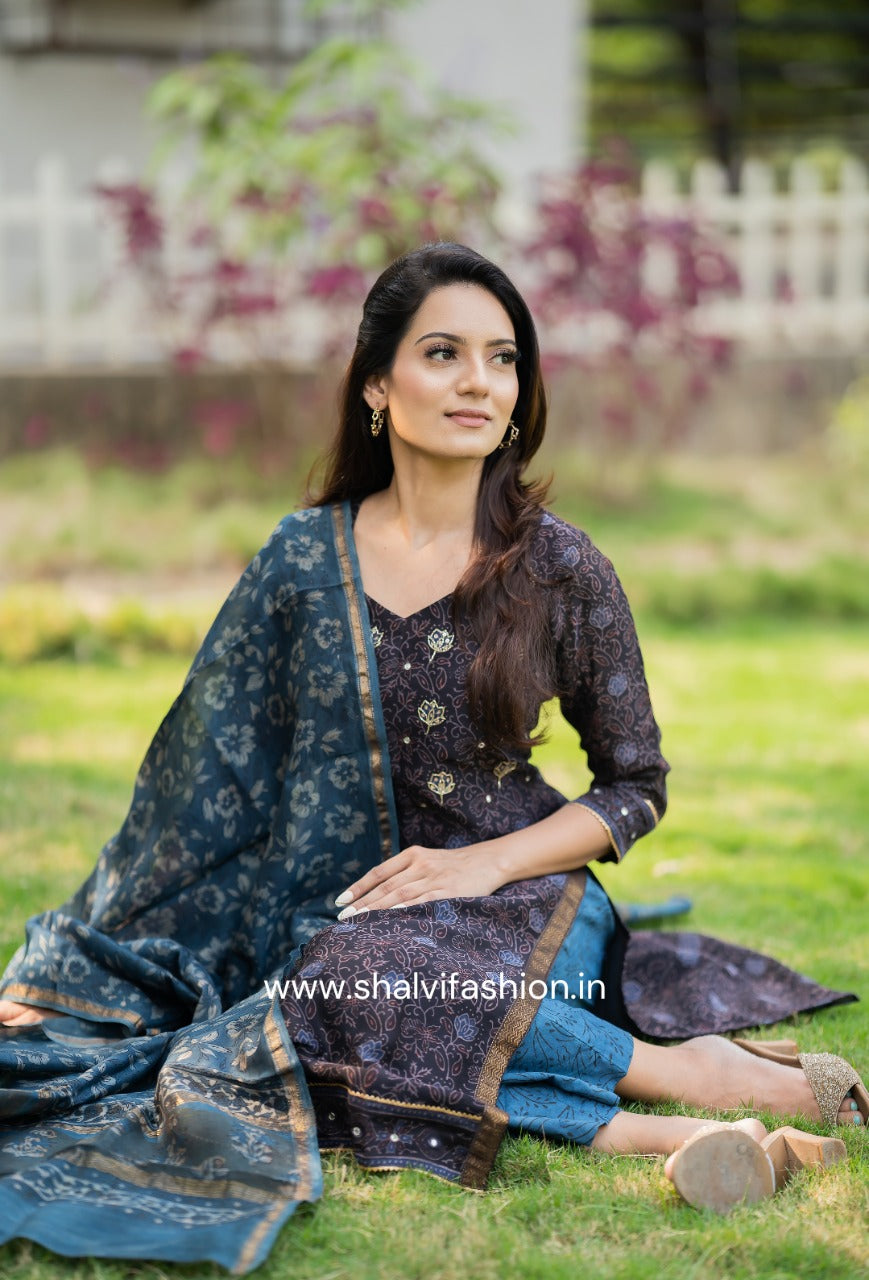 Shop zardosi work ajrak print maheshwari silk suits online (CSS63)