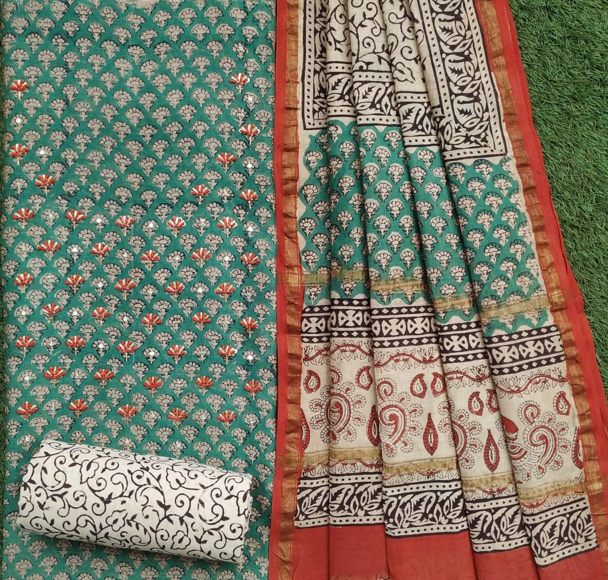 Shop hand work chanderi silk suit sets online shopping (GOTA283)
