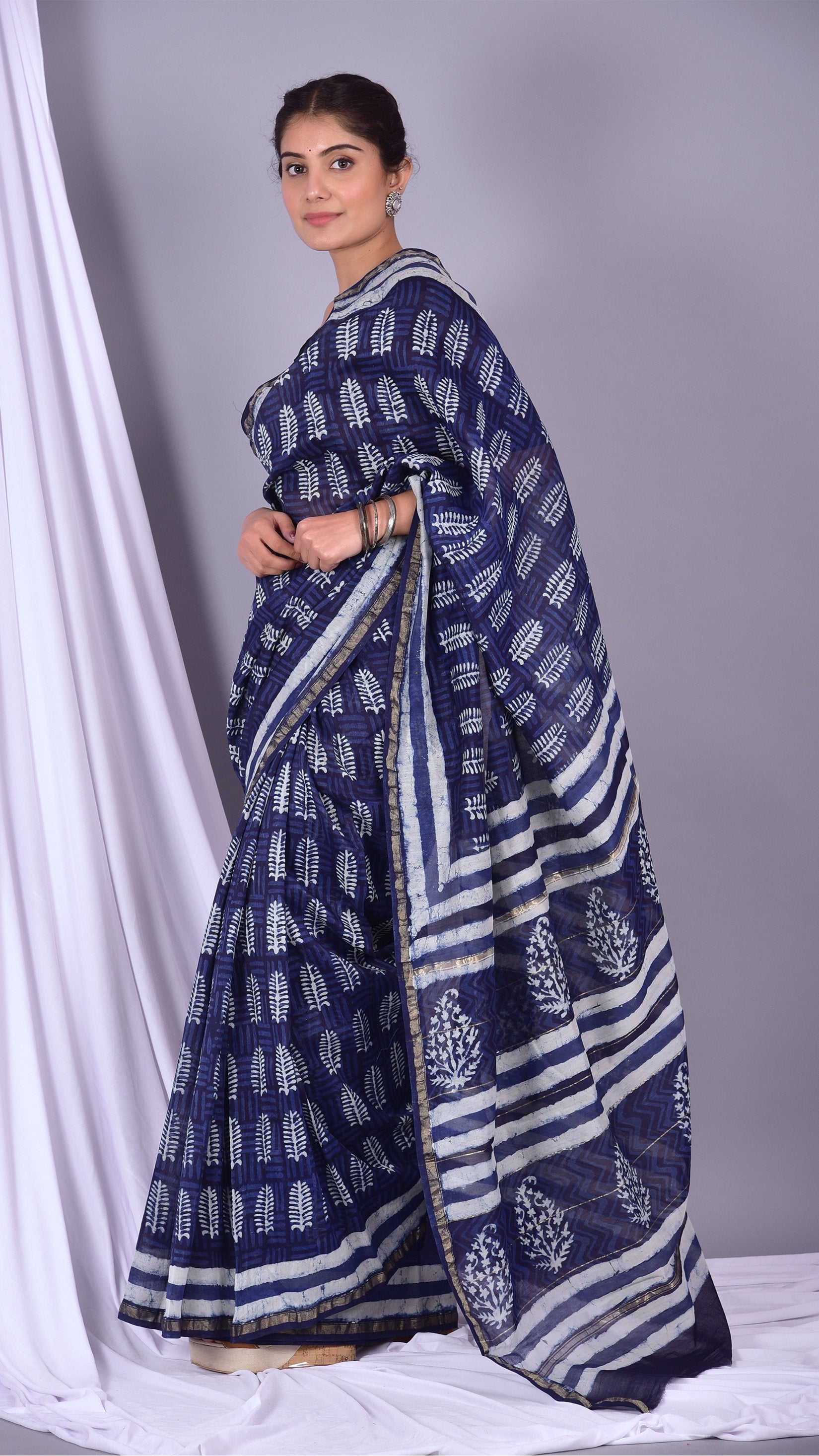 Beautifully Hand carfted Chanderi Indigo Saree (INDCH01) - ShalviFashion