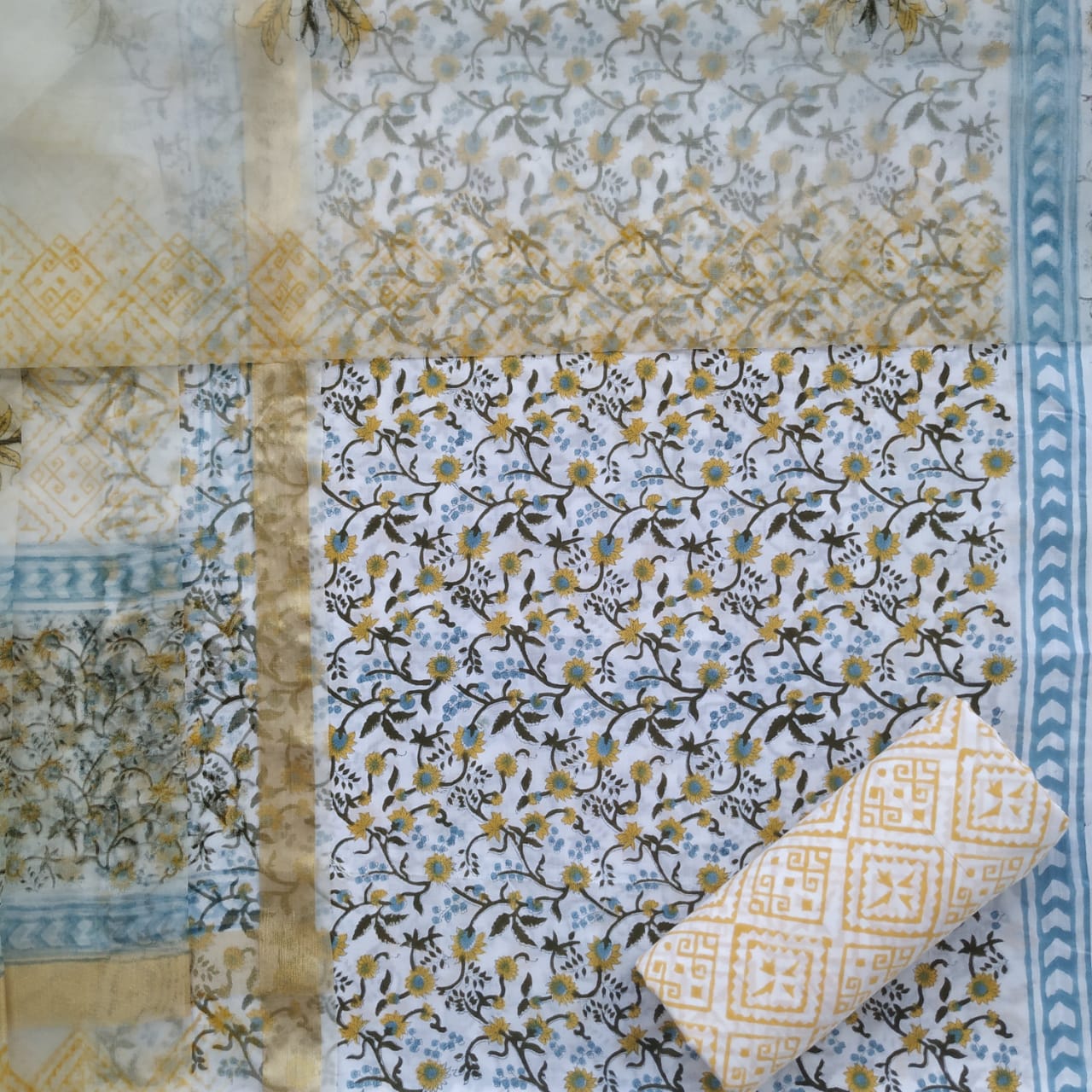 Shop Unstitched Hand Block Print Cotton Suits with Organza Dupatta (ORG30)