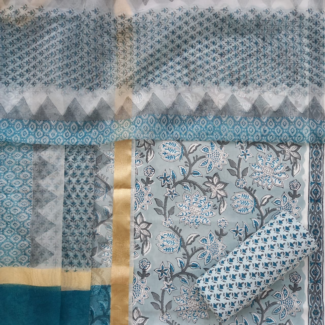 Shop Hand Block Print Pure Cotton Suits online with Organza Dupatta
