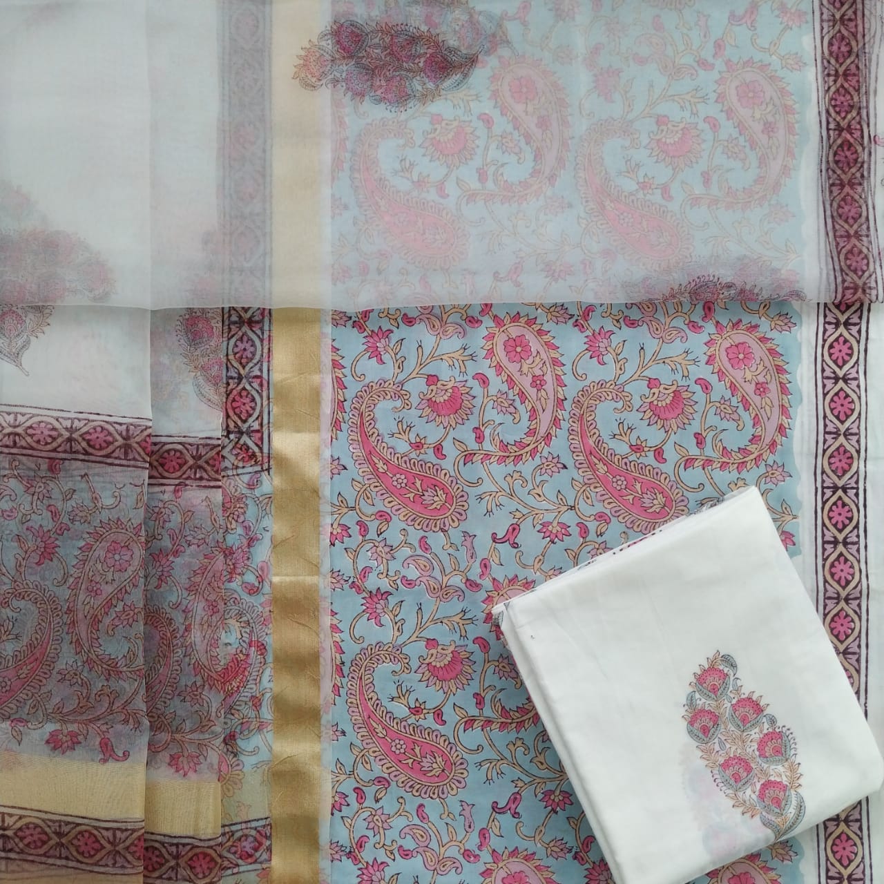 Shop Unstitched Floral Hand Block Print Pure Cotton Suits with Organza Dupatta (ORG86)