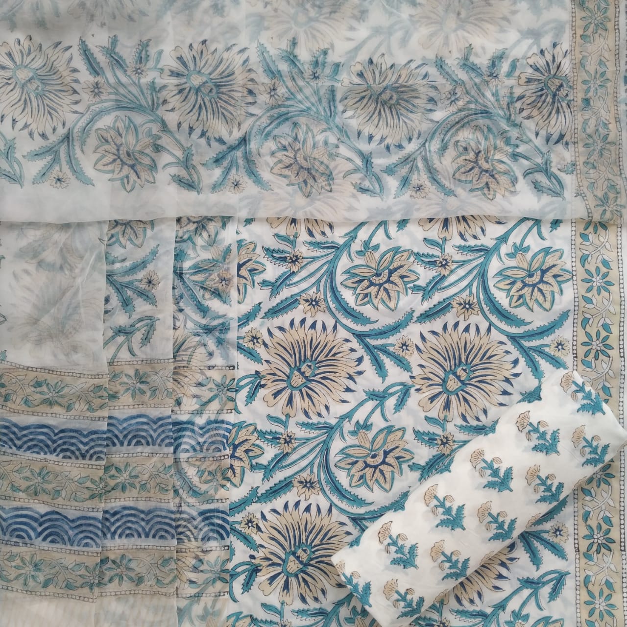 Shop Hand Block Print Pure Cotton Suits with Chiffon Dupatta (PCHF148)