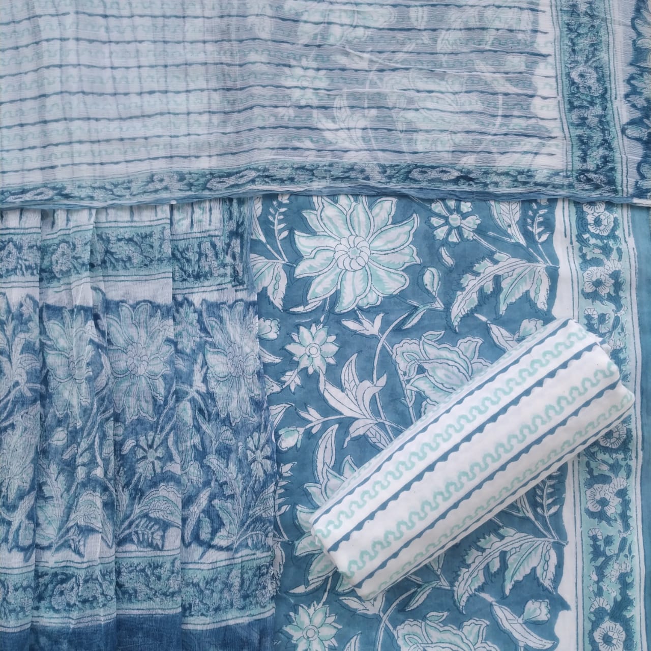 Shop Unstitched Hand Block Print Pure Cotton Suits with Chiffon Dupatta (PCHF192)