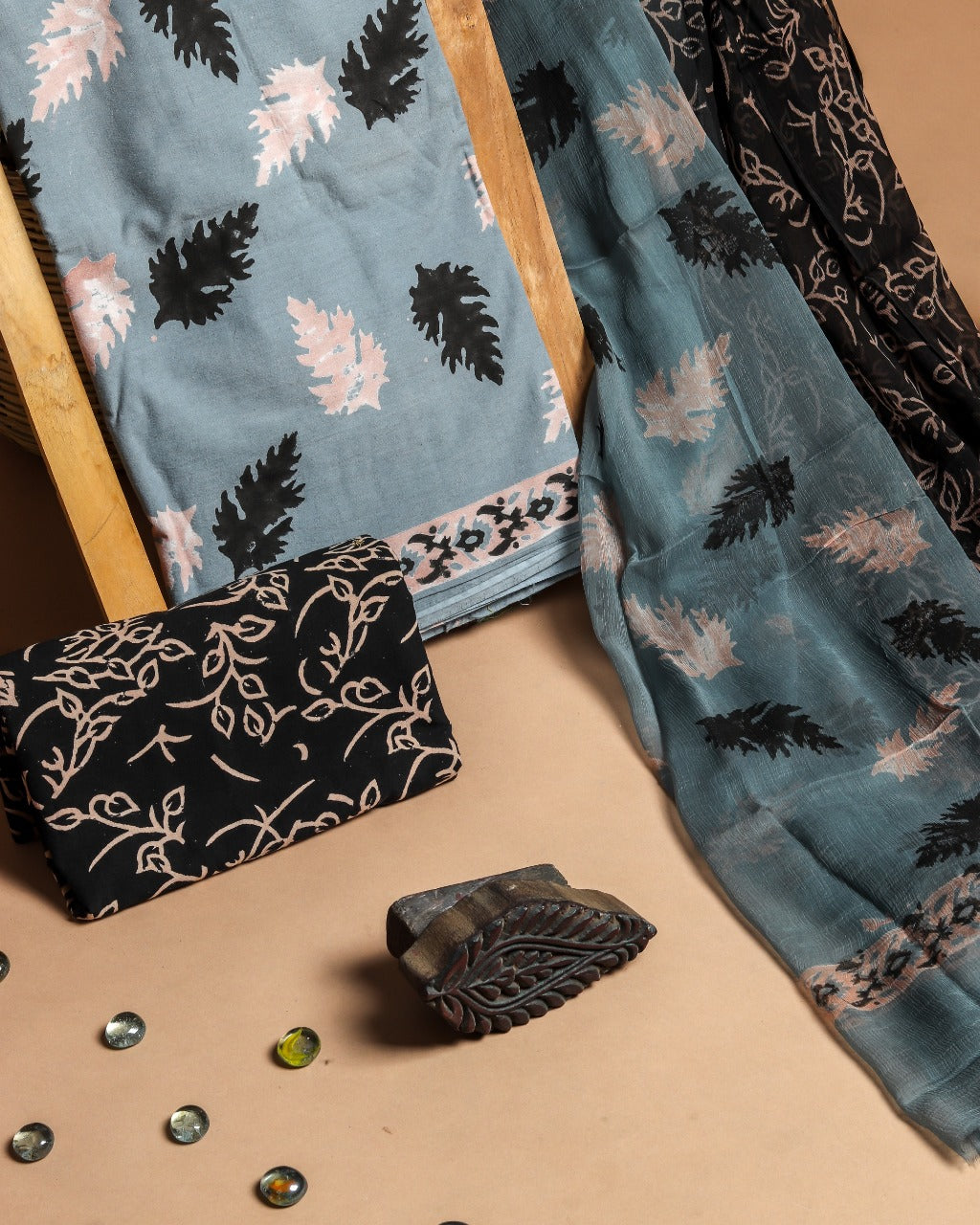 Shop Unstitched Hand Block Print Pure Cotton Suits online with Chiffon Dupatta (PCHF208)