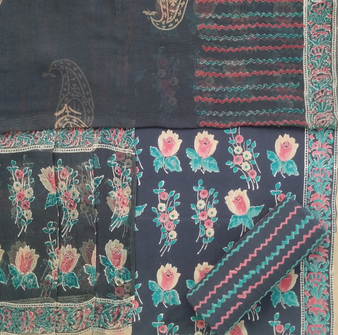 Shop Unstitched Hand Block Print Pure Cotton Suits with Chiffon Dupatta (PCHF212)