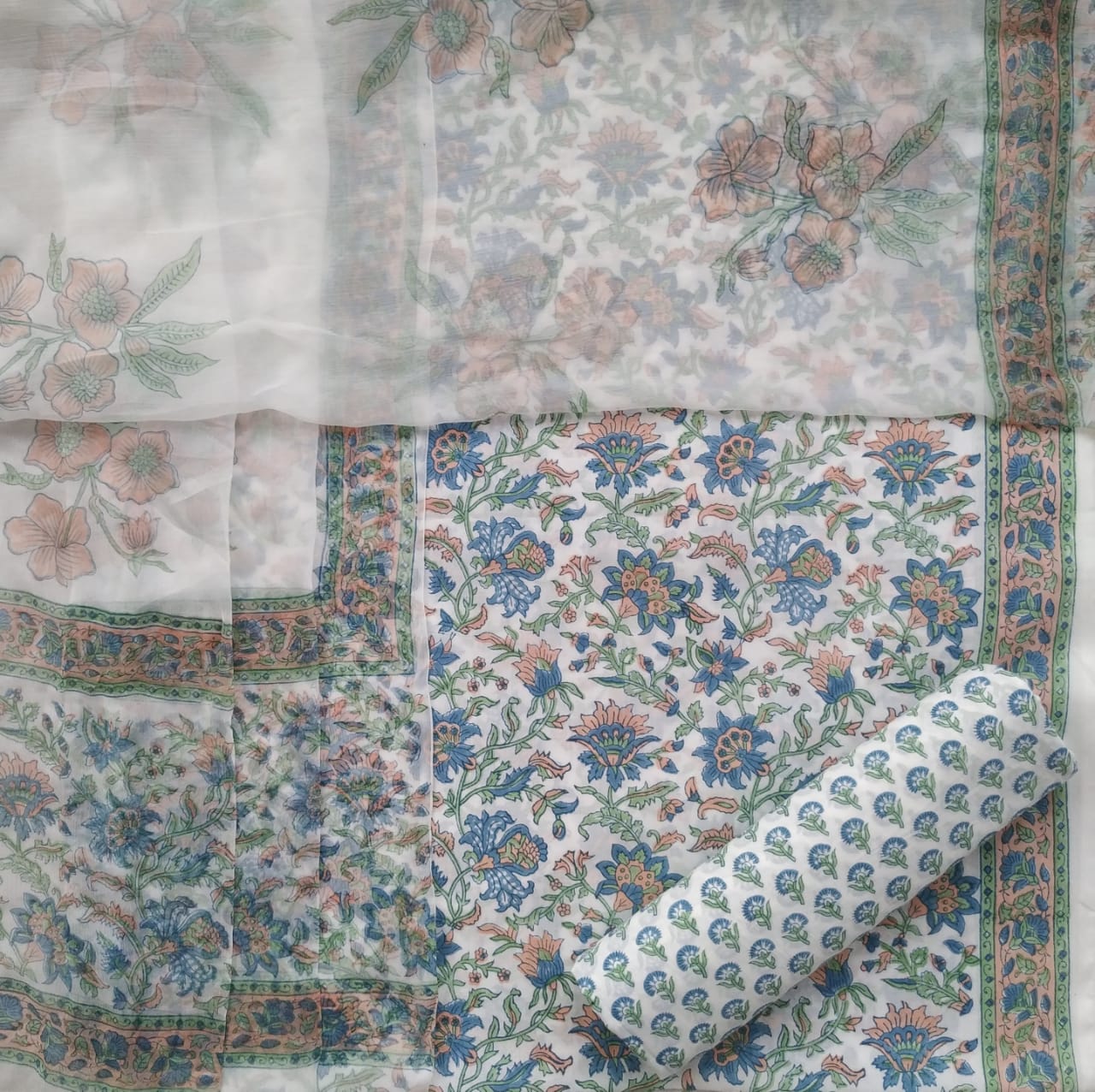Shop Hand Block Print Pure Cotton Suits with Chiffon Dupatta (PCHF219)