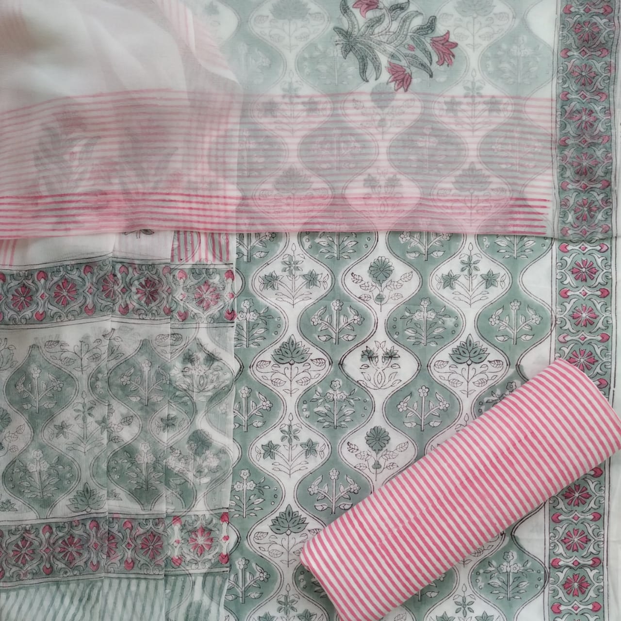 Shop Unstitched Hand Block Print Pure Cotton Suits with Chiffon Dupatta (PCHF225)