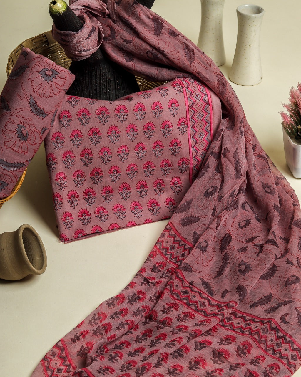 Shop Hand Block Print Pure Cotton Suits with Chiffon Dupatta (PCHF241)