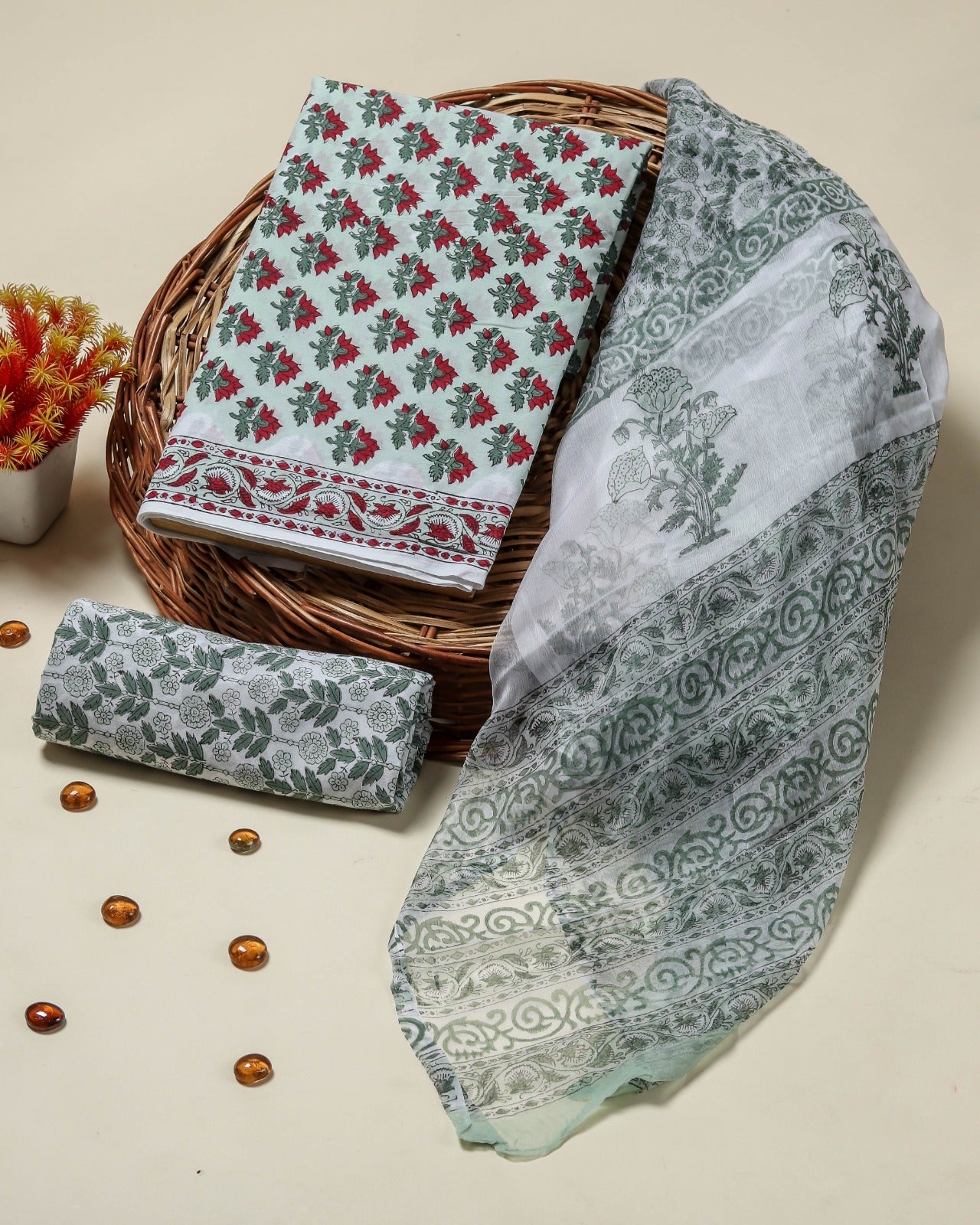 Shop block print cotton suits with chiffon dupatta (PCHF501)