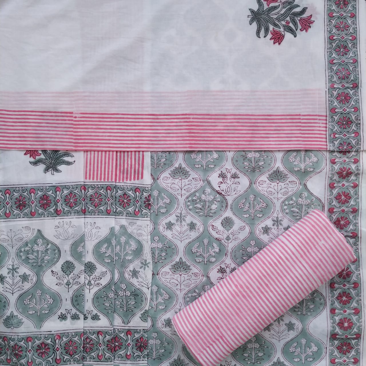 Shop Unstitched Hand Block Print Pure Cotton Suits with Mulmul Dupatta (PRMUL187)