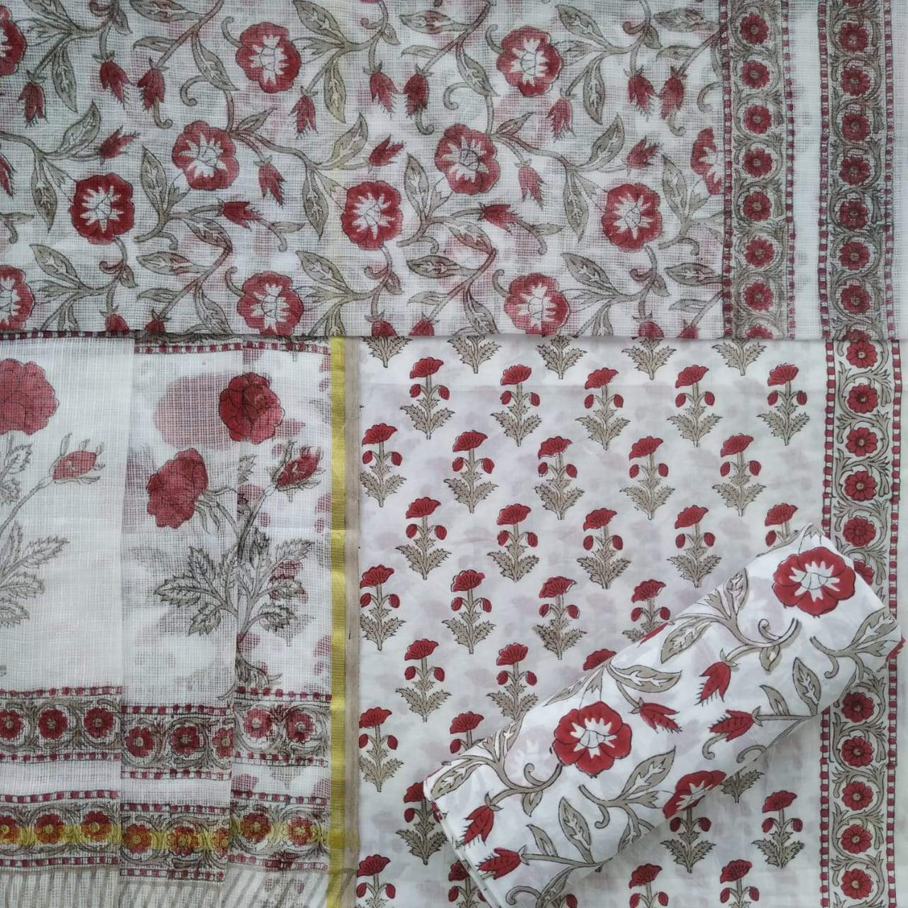 Shop Unstitched Hand Block Print Pure Cotton Suits with Kota Doria Dupatta (T3CKD358)