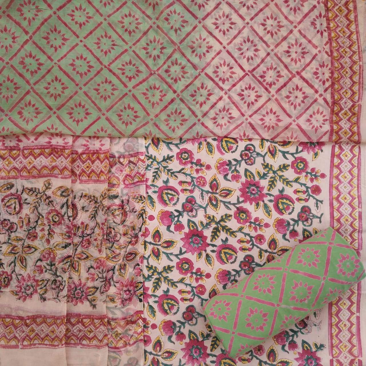 shop unstitched hand block print cotton suits with chiffon dupatta