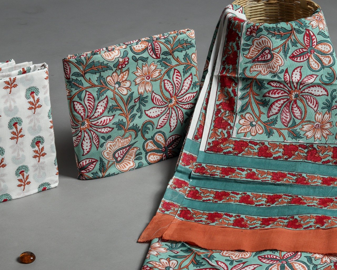 Shop Unstitched Hand Block Print Pure Cotton Suits with Mulmul Dupatta (TPRMUL147)