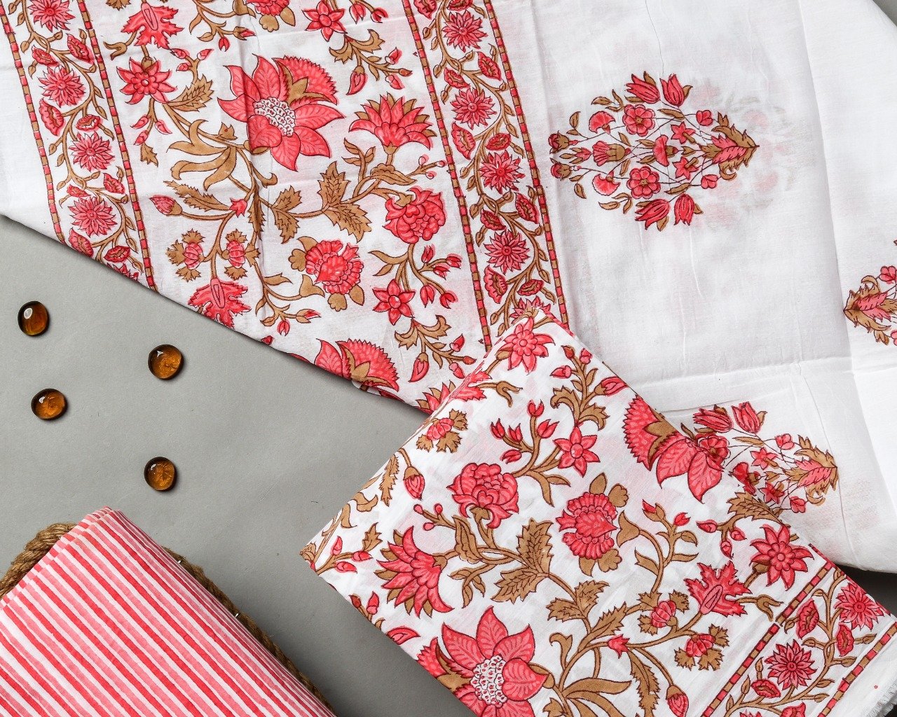 Shop Unstitched Hand Block Print Pure Cotton Suits with Mulmul Dupatta (TPRMUL178)
