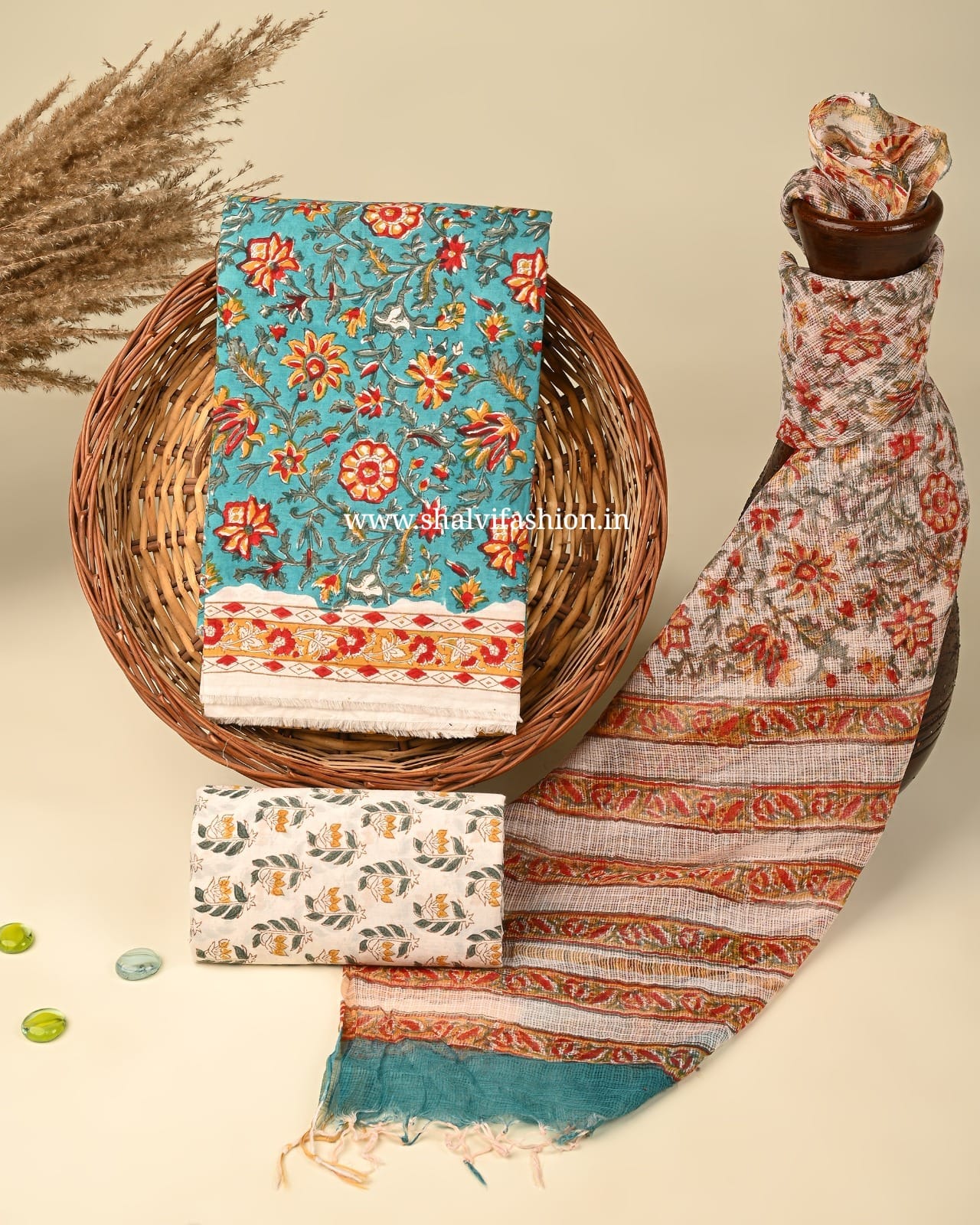 Exclusive Hand Block Print Pure Cotton Suit Material with Kota Doria Dupatta (3CKD340)