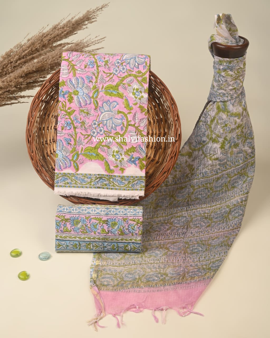 Shop block print cotton suits with kota dupatta (3CKD470)