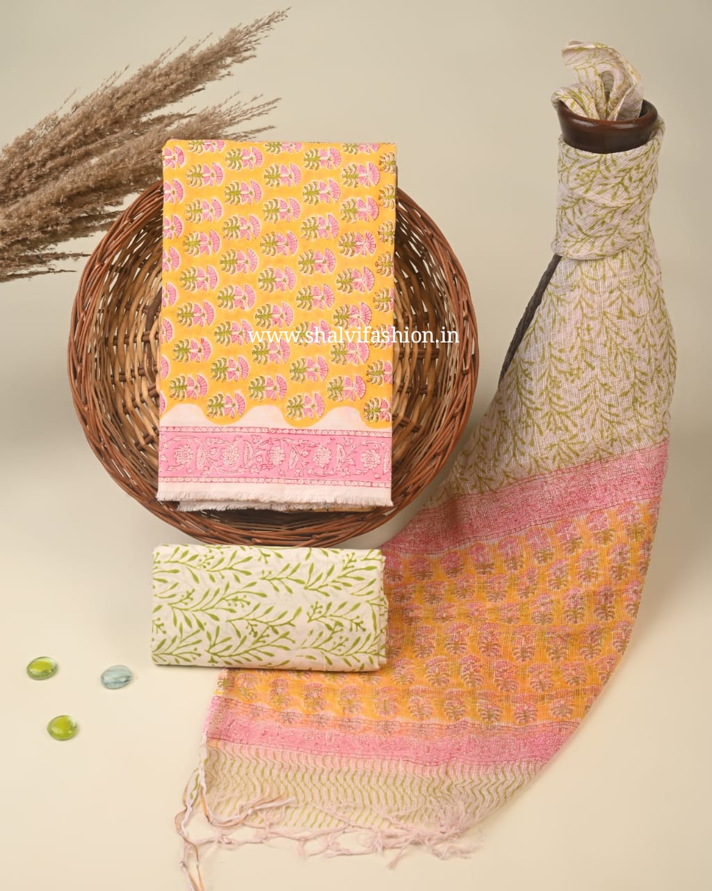 Shop block printed cotton suits with kota dupatta (3CKD480)