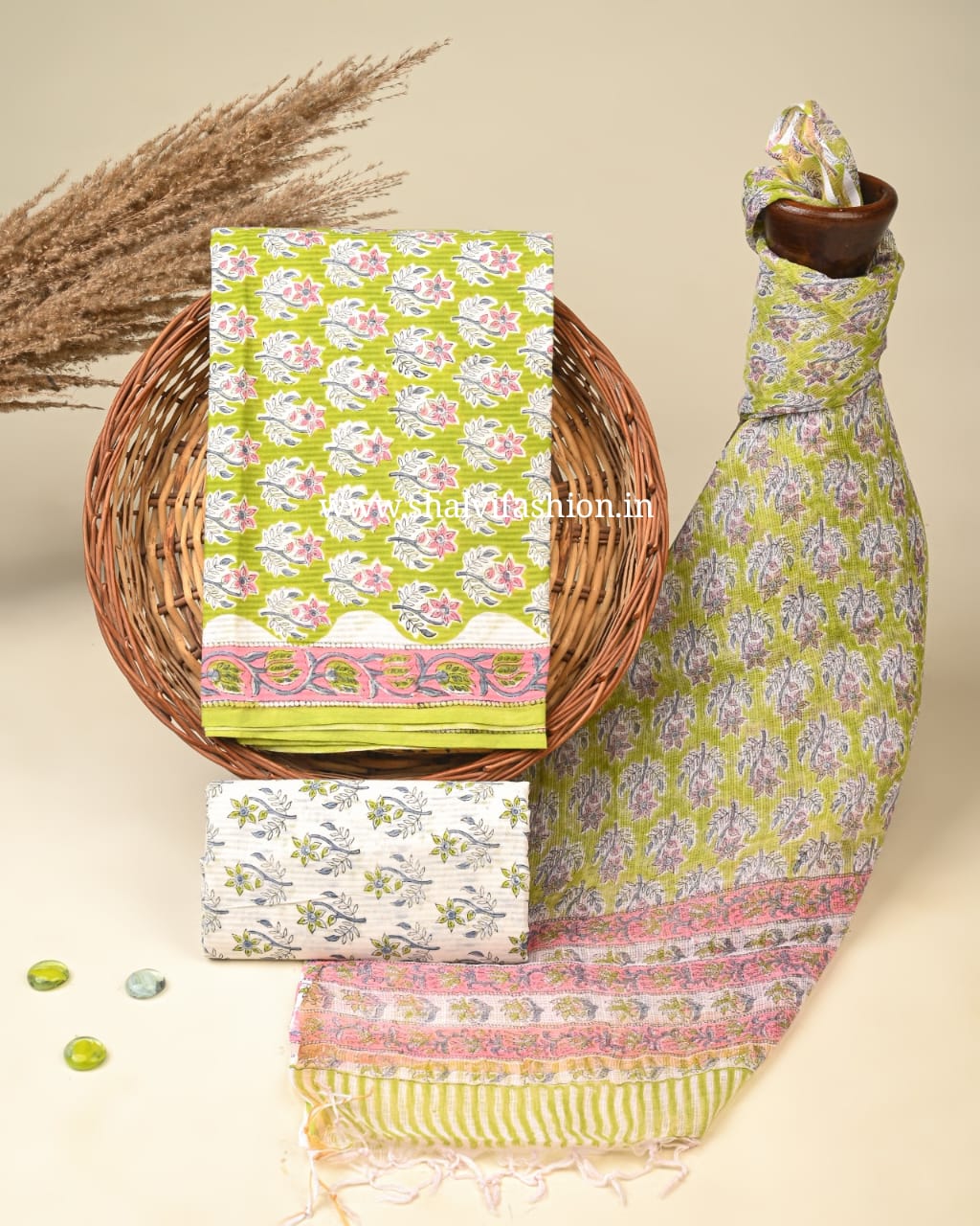 Shop block print cotton suits with kota dupatta (3CKD481)