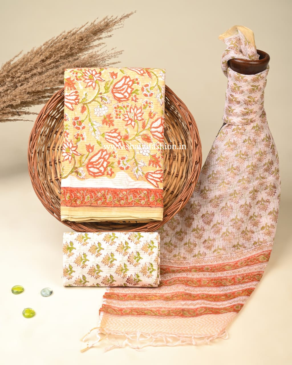 Shop unstitched block print cottion suit sets with kota dupatta (3CKD483)