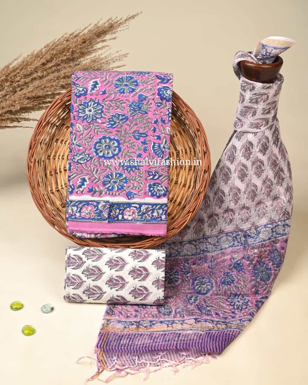 Shop sanganeri print cotton suits with kota dupatta (3CKD485)