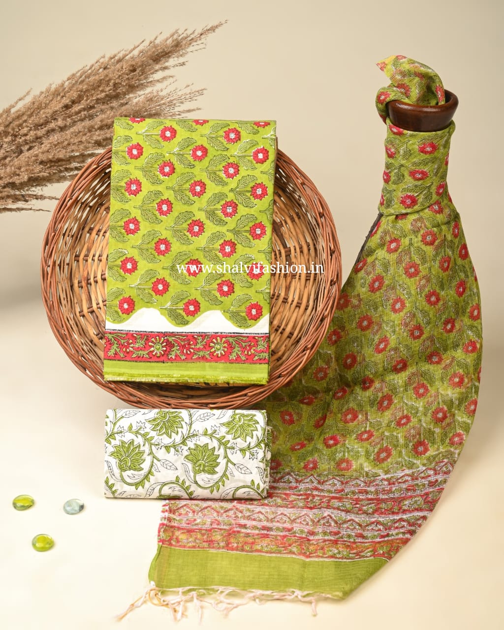 Shop hand block printed cotton suits with doria dupatta (3CKD486)