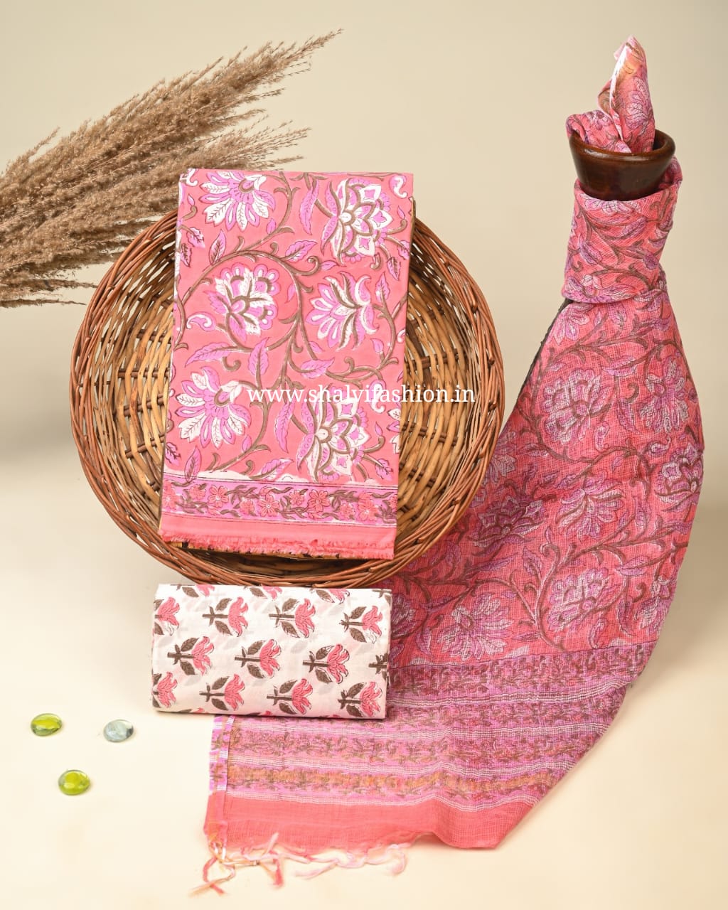 Shop unstitched hand block print cotton suits with kota doria dupatta (3CKD487)