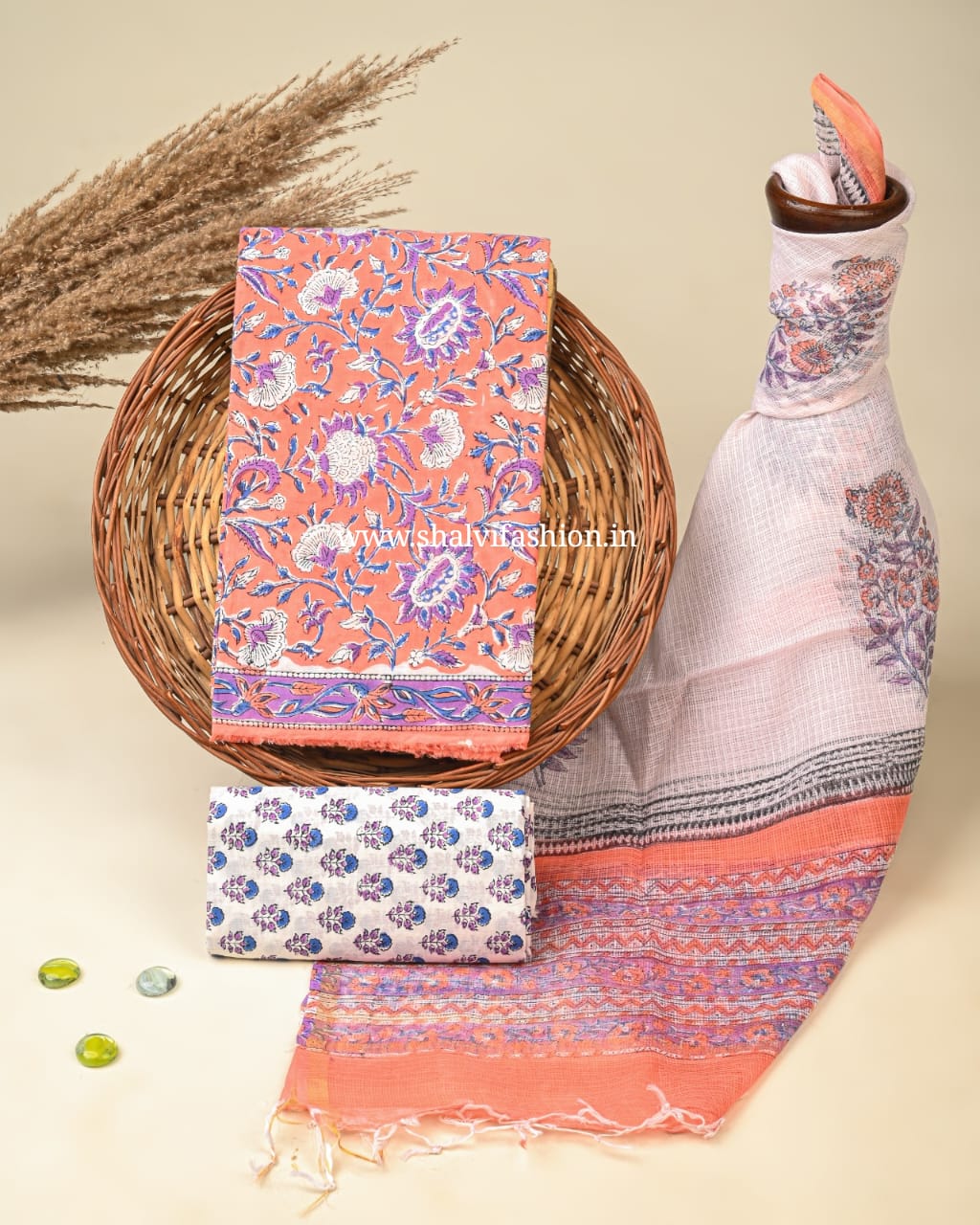 Shop sanganeri print cotton suits with kota dupatta (3CKD488)