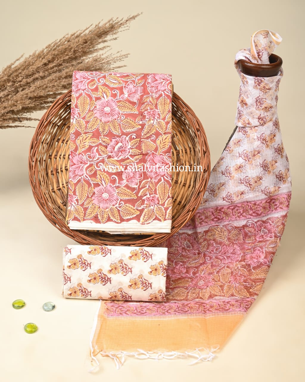Shop unstitched block print cotton suits with kota dupatta (3CKD492)