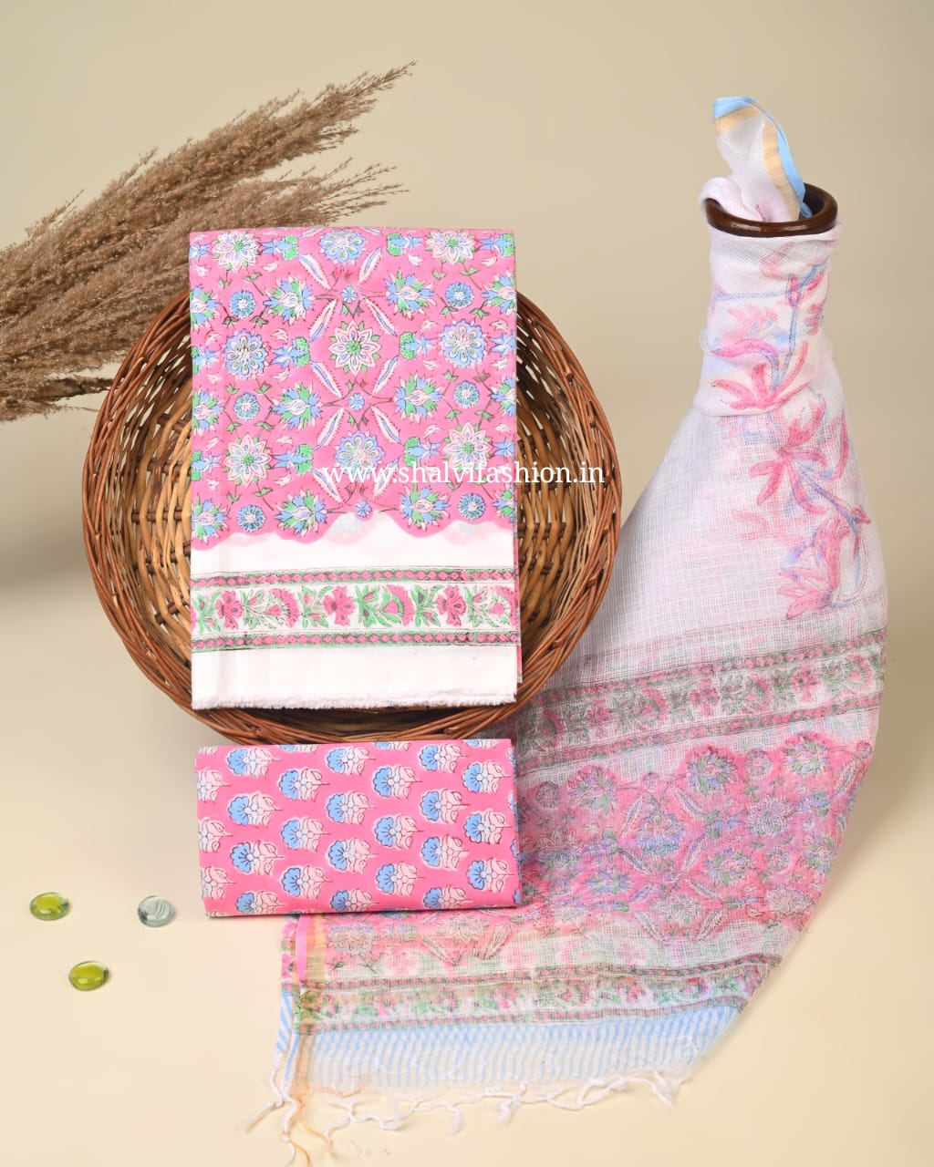 Shop block printed cotton suits with kota dupatta online (3CKD733)