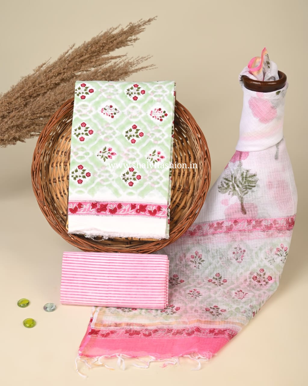 Shop hand block printed cotton suits with kota dupatta (3CKD736)