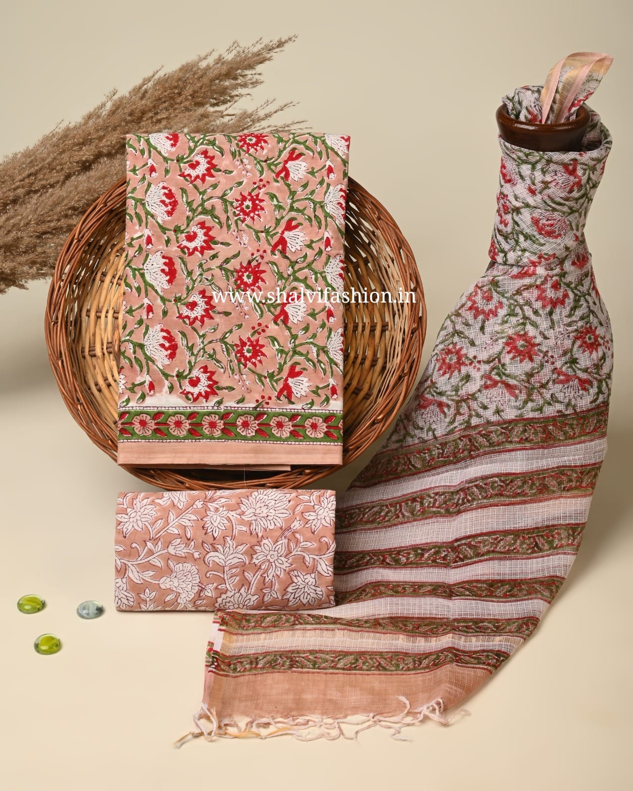 Shop block printed cotton suits with kota doria dupatta (3CKD741)