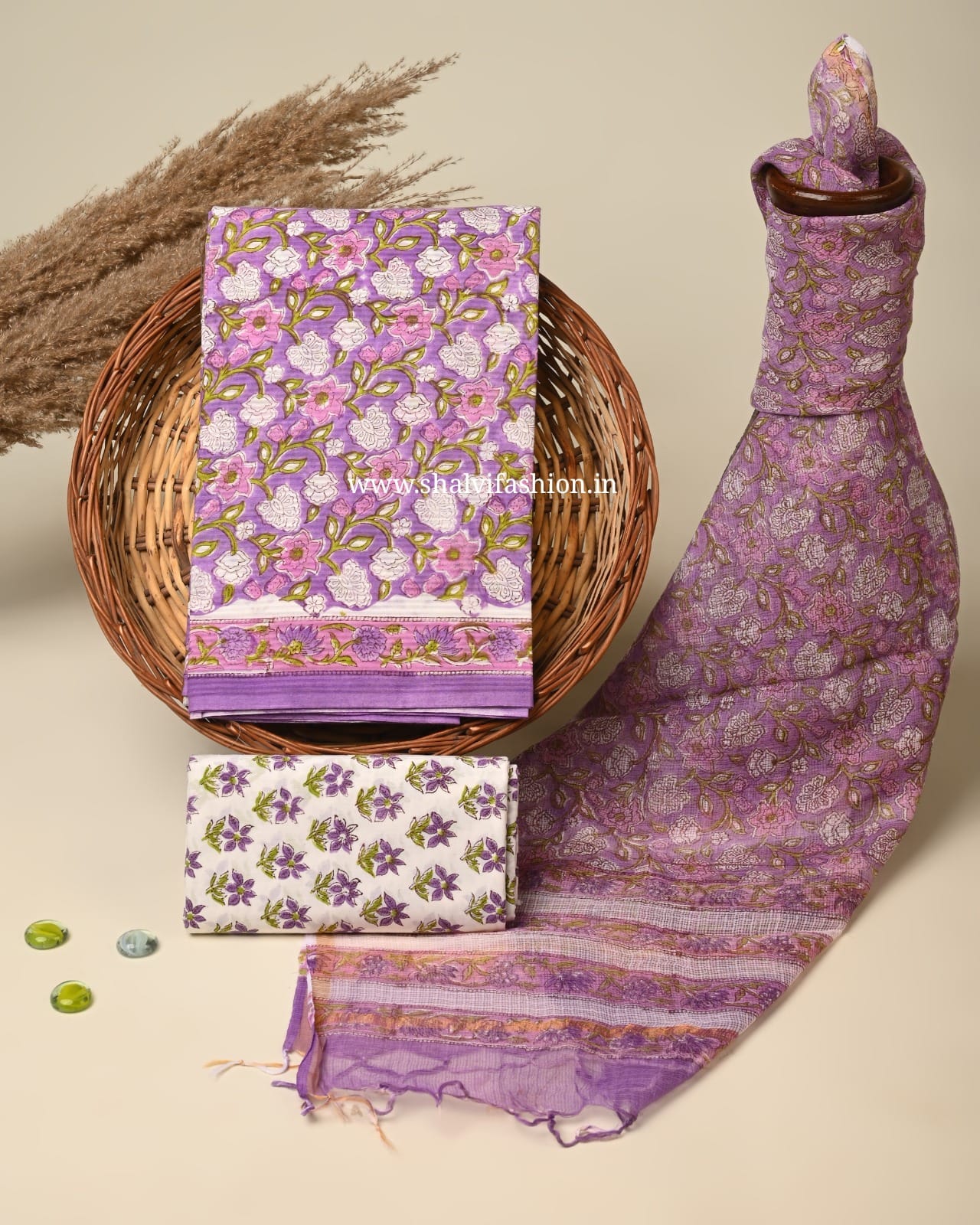 Shop unstitched block print textured line cotton suits (3CKD748)